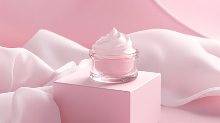 Elegant skincare cream in a clear jar on a pink pedestal with silky draped fabric backdrop in a minimalist settingの素材