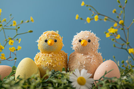 Adorable Easter chicks decorations among eggs and spring flowers against a blue background, capturing the joy of the seasonの素材