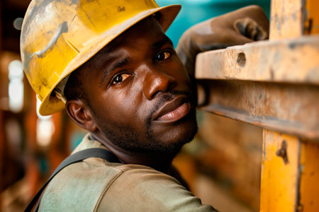 Portrait of a construction worker in a yellow hard hat, reflecting confidence and expertise at the worksiteの素材