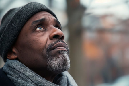 Pensive elderly African American man gazing upwards, with a blurred city background, wearing winter attireの素材