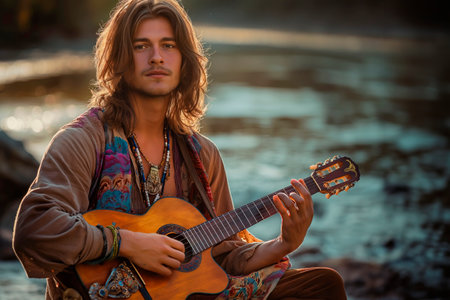 Bohemian man with long hair playing guitar by the river at sunset, embodying a free-spirited lifestyleの素材