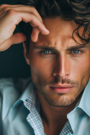 Intense close-up of a man with striking blue eyes, projecting confidence and depthの素材