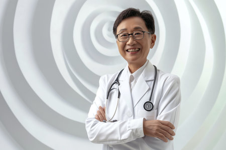 Confident Asian medical professional with stethoscope against spiral backgroundの素材