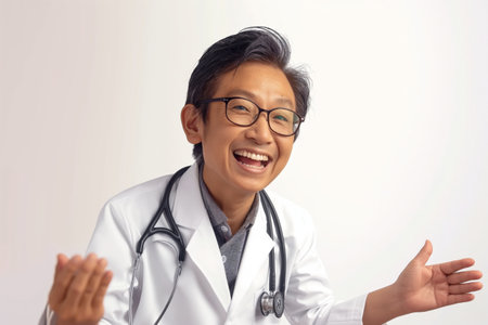 Laughing Asian doctor gesturing with hands, wearing glasses and stethoscopeの素材