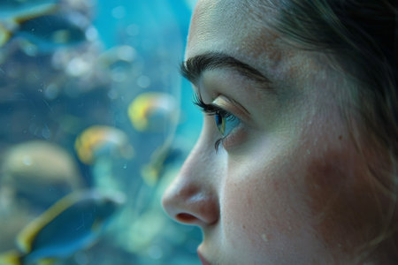 Close-up of a woman's contemplative face against an aquarium backdrop with vibrant fishの素材