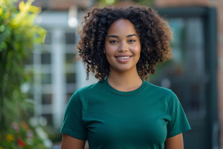 Confident young woman with vibrant curly hair and a warm smile, dressed in a green tee, outdoorsの素材