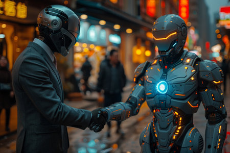 Man in futuristic helmet shaking hands with an advanced robot on a busy city streetの素材
