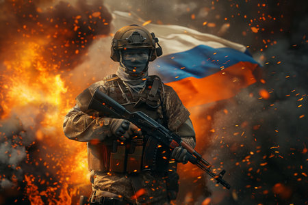 Stoic soldier in full gear with Russian flag amidst fiery chaosの素材