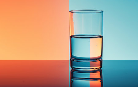 Half-full glass of water on a reflective surface with a vibrant orange and blue backdropの素材