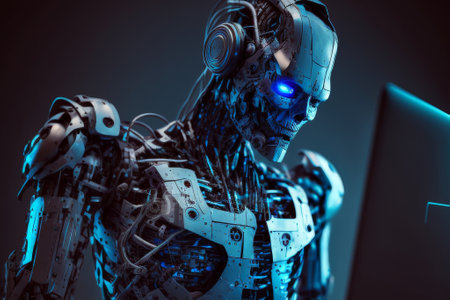 Sophisticated blue robotic figure working on a computer, showcasing advanced technologyの素材