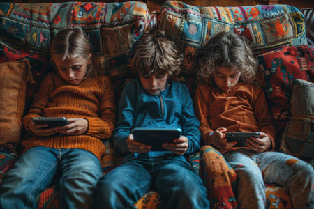 Three kids thickened in mobile games, sitting on a vibrant, patterned couchの素材