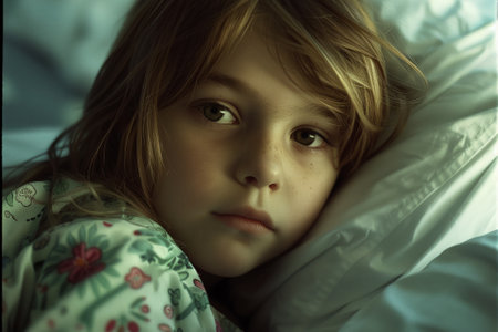 Somber child lying in bed with eyes wide open, evoking emotions of illness and recoveryの素材