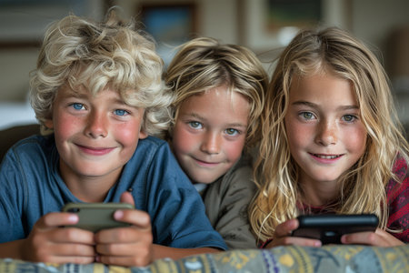 Three happy children with smartphones, sharing a moment of joy and digital connectivityの素材