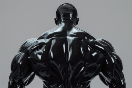 Striking black sculpture of a muscular male figure viewed from behind, showing dynamic muscle contours in reflective lightの素材
