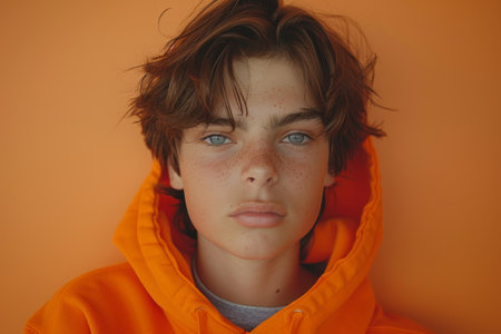 Portrait of a teenage boy with deep blue eyes and freckles, wearing an orange hoodie, set against a matching orange backgroundの素材