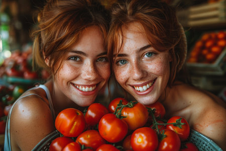Two joyful red-haired twins with freckles holding a basket of fresh tomatoes, sharing a happy moment at a marketの素材