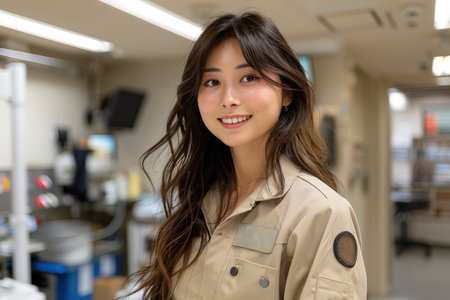 A young woman with a bright smile stands in a modern laboratory or industrial setting, with various equipment and machines in the background.の素材