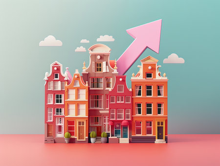 Illustration of colorful houses with a pink upward arrow, symbolizing growth in the real estate market, set against a whimsical background.の素材