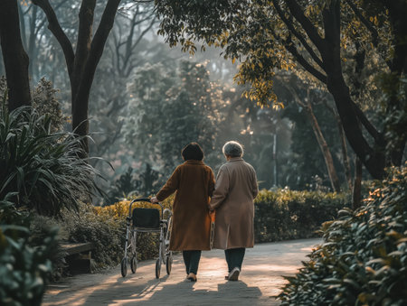 Two elderly women walking together in a serene park, one using a walker, surrounded by lush greenery and warm sunlight.の素材