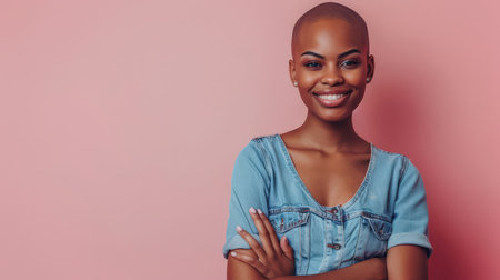 Portrait of a smiling bald woman wearing a denim shirt against a pink background, showing confidence and style.の素材