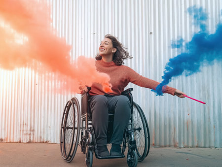 Woman in wheelchair joyfully holding colorful smoke bombs, creating vibrant orange and blue trails in an outdoor scene.の素材