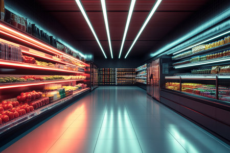 Futuristic supermarket aisle with vibrant neon lighting and fully stocked shelves. Modern grocery store concept.の素材