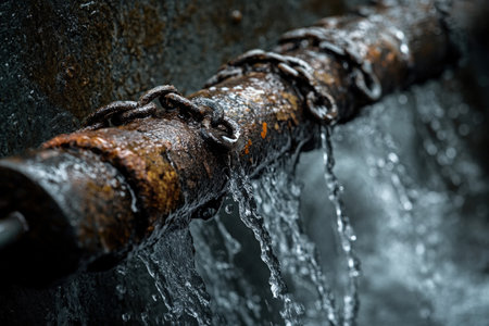 Close-up of a rusty leaking pipe with water gushing out. Industrial decay, corrosion, and infrastructure failure.の素材