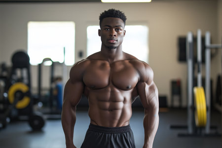 Muscular man posing in a gym, showing his well-defined physique and strength. Fitness motivation and athletic dedication.の素材