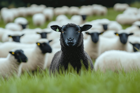 A black sheep standing out among a flock of white sheep in a green field, symbolizing individuality and uniqueness.の素材