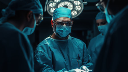 Surgeon in blue scrubs and mask performing surgery under bright operating room lights. Focused medical team in background.の素材