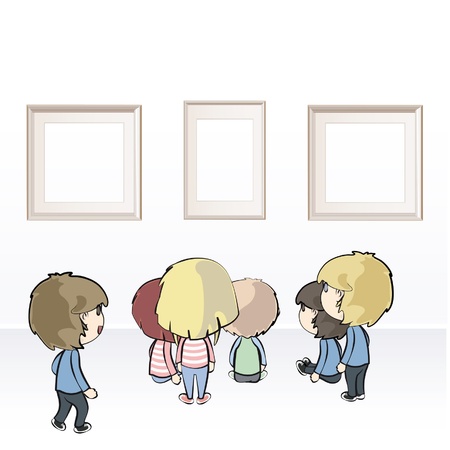 Group of kids watching frames in museum  Vector illustration のイラスト素材