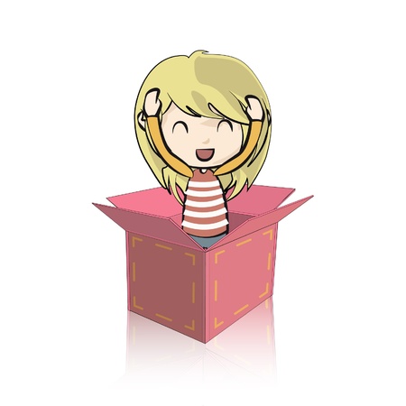 Cute girl in cardboard box  Isolated on white background  Vector illustration  のイラスト素材