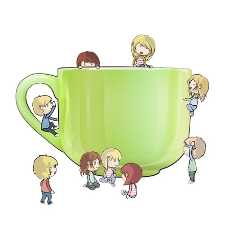Many children around a cup of tea. のイラスト素材