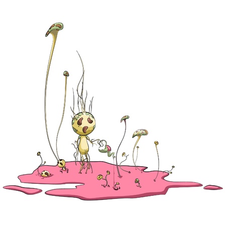 Gardener watering flowers and mushrooms. Illustration. のイラスト素材