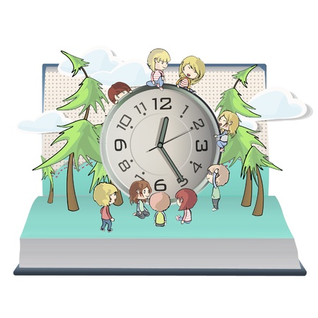 Kids around de watch in beautiful landscape inside a book.  のイラスト素材