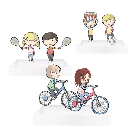 Kids playing their hobbies on shelves.のイラスト素材