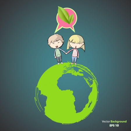 Many young friends around a icon of a planet.のイラスト素材