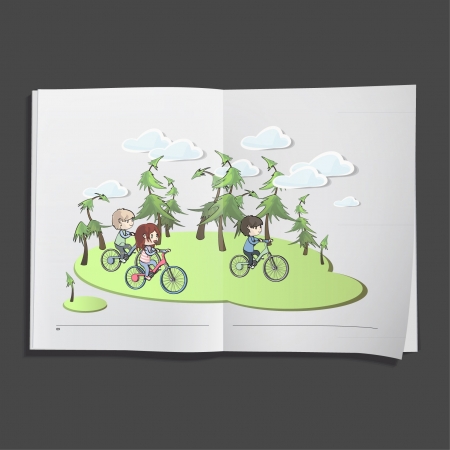 kids on bike printed on white book, Vector design  のイラスト素材