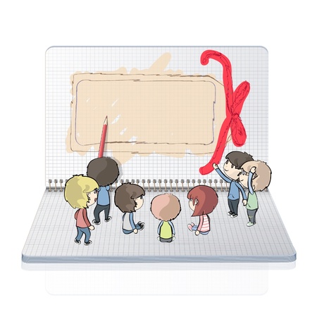Many kids drawing a gift card in notebook  Vector design  のイラスト素材