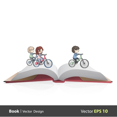 Group of children riding a bicycle inside a open Pop-up book  Vector design  のイラスト素材