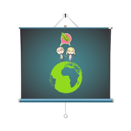 Many young friends around a icon of a planet in projector screen   design  のイラスト素材