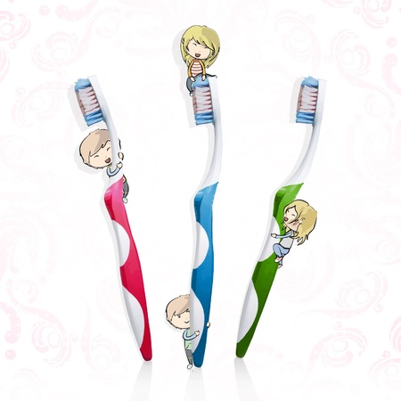 Friends playing with toothbrush  Isolated  background design  のイラスト素材