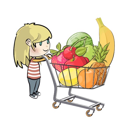 Blonde girl buying fruit in a supermarket   illustration  のイラスト素材