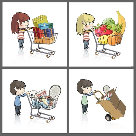 Girl and boy buying many gifts and items in a toy store shop  Vector illustration  のイラスト素材