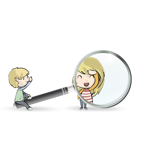 Kids playing with magnifying glass. Vector design. のイラスト素材