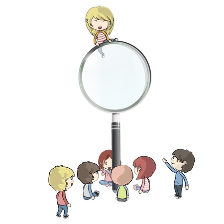 Kids around magnifying glass. Vector design. のイラスト素材