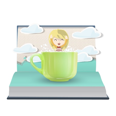 Girl inside a cup on a pop up book. Vector illustration. のイラスト素材