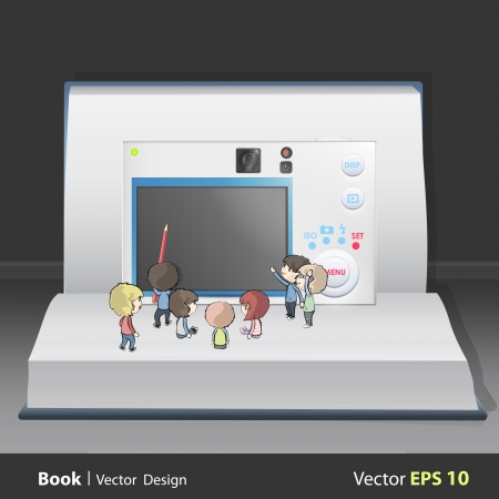 Camera with many kids inside a book. Vector design.のイラスト素材