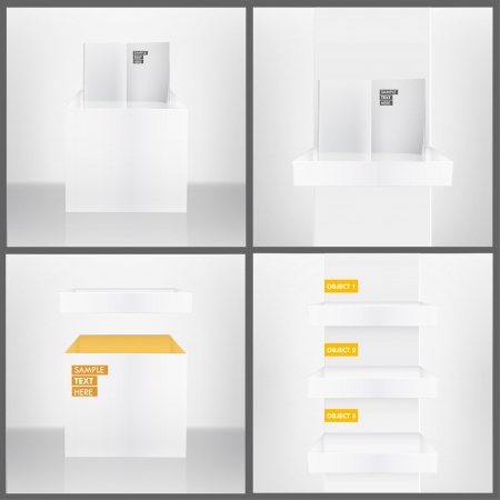 Three white shelves inside a house, isolated white book on a shelves, and white box in abstract room  Collection vector design  のイラスト素材