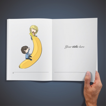 Kids playing with a banana inside a book  Vector design  のイラスト素材